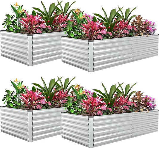 FOOWIN 4pcs 6x3x2ft Galvanized Raised Garden Bed, Planter Raised Garden Boxes Outdoor, Large Metal Raised Beds for Gardening, Garden Bed for Vegetables, Flowers, Herb,269 Gallon Capacity, Silver