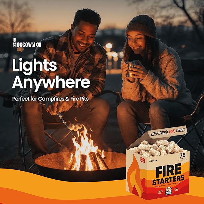 Moscow-Mix Fire Starter (75 PCS) Natural Fire Starters for Campfires, Fireplace, Charcoal Starter for Grill, BBQ, Wood Stove, Fire Pits - Odorless, Non-Toxic, Waterproof Natural Pine Wood Starters