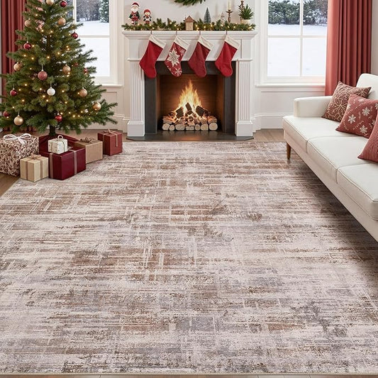 Area Rug for Living Room: 10x12 Washable Neutral Abstract Modern Soft Rugs Non Slip Indoor Floor Stain Resistant Large Carpet for Bedroom Dining Room Office Nursery - Red Brown
