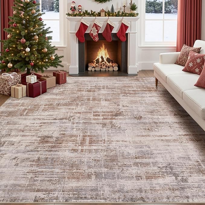 Area Rug for Living Room: 9x12 Washable Neutral Abstract Modern Soft Rugs Non Slip Indoor Floor Stain Resistant Large Carpet for Bedroom Dining Room Office Nursery - Red Brown