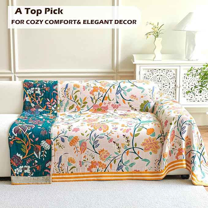 Boho Throw Blanket for Bed, 100% Organic Cotton Breathable Ultra Soft 60" x 80" Quilt Throw - All Season Floral Rustic Farmhouse Decor Luxury Reversible Blanket for Sofa Couch Chair and Gift