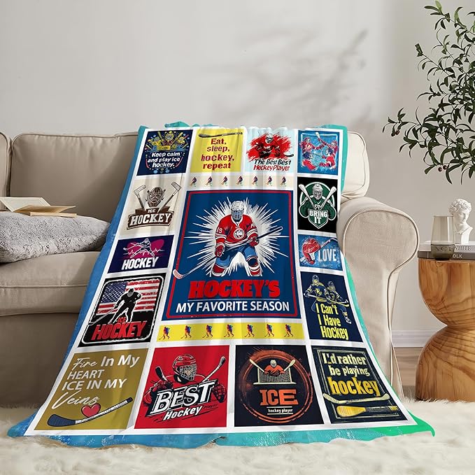 Ice Hockey Blanket Gifts for Boys Man Soft Warm Plush Ice Hockey Sport Player Throw Blanket Flannel Fleece Fuzzy Sports Blanket for Lovers Kids Bed Couch Living Room Decor 80"X60"