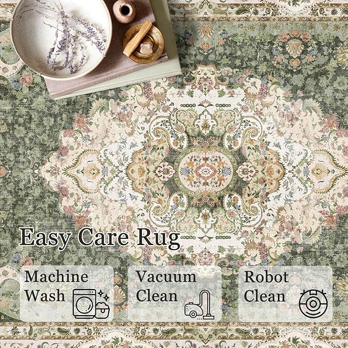 Green Rug 4'x6.5',Washable Area Rugs for Bedroom Living Room Kitchen Entryway,Small Boho Vintage Bohemian Distressed Non Slip Carpet,Floral