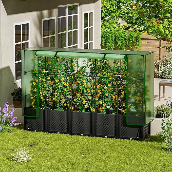 Onelike 80'' x 16'' x 55.5'' Plastic Raised Garden Bed with Greenhouse Cover and Trellis, Vertical Tomato Planters for Climbing Plants, Self Watering System Tomatoes Cage for Patio,Black,Large
