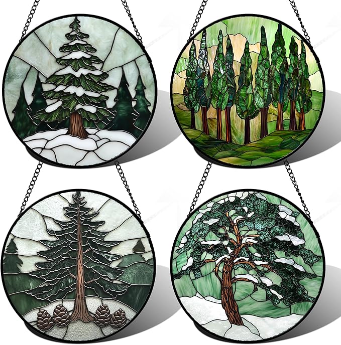 Stained Glass Window Hanging 4 Pcs Set Forest Green Trees Winter Snow Large 15" - Suncatcher Door Garden Sun Catcher Home Decor Birthday Mother's Day for Woman Nana Mom Men