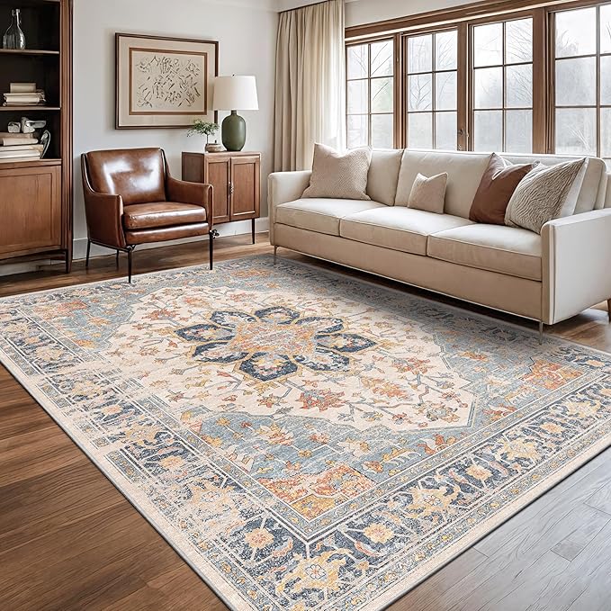 Rugland 5x7 Area Rugs - Stain Resistant Washable Rug, Anti Slip Rugs for Living Room, Vintage Tribal Area Rugs(TPR11-Blue, 5'x7')