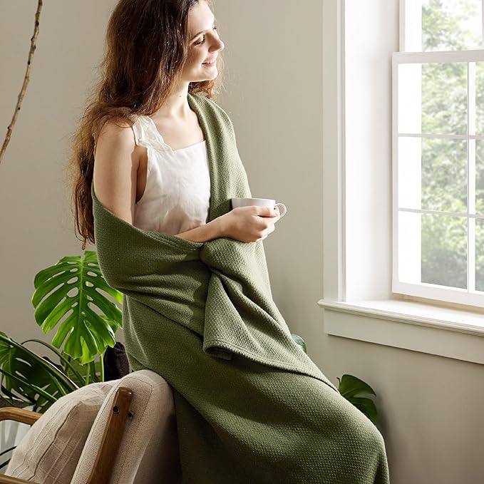 Bedsure 100% Cotton Blanket Full Size for Bed - Breathable and Lightweight, Soft Cozy Textured Herringbone Woven Blanket for Summer Spring, Olive Green, 80x90 inches