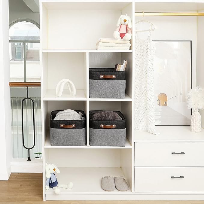 OrganiHaus Extra Large Fabric Storage Baskets for Shelves 3 Pack, 16x13in Closet Storage Bins for Shelves, Canvas Baskets for Organizing, Linen Closet Organizers, Cloth Basket, Gray/Black