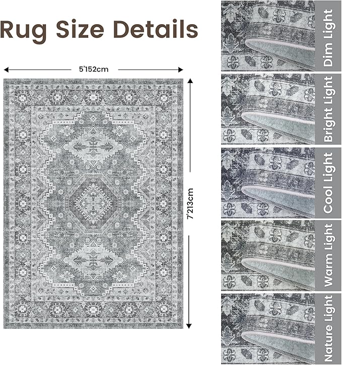 Rugland 5x7 Area Rugs - Stain Resistant Washable Rug, Anti Slip Rugs for Living Room, Vintage Tribal Area Rugs(TPR07-Grey, 5'x7')