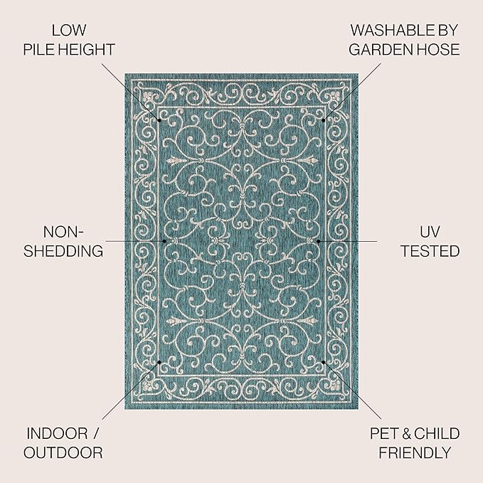 JONATHAN Y Vintage Filigree Indoor Outdoor Area Rug 6X9 Teal/Gray, Charleston Textured Weave for Backyard, Patio, Porch, Easy-Cleaning, High Traffic, Pet-Friendly, Non-Shedding (SMB106F-6)