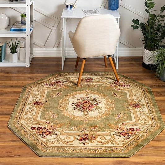 Unique Loom Versailles Collection Traditional Classic Floral Motif Area Rug (5' 0 x 5' 0 Octagon, Green/Ivory)