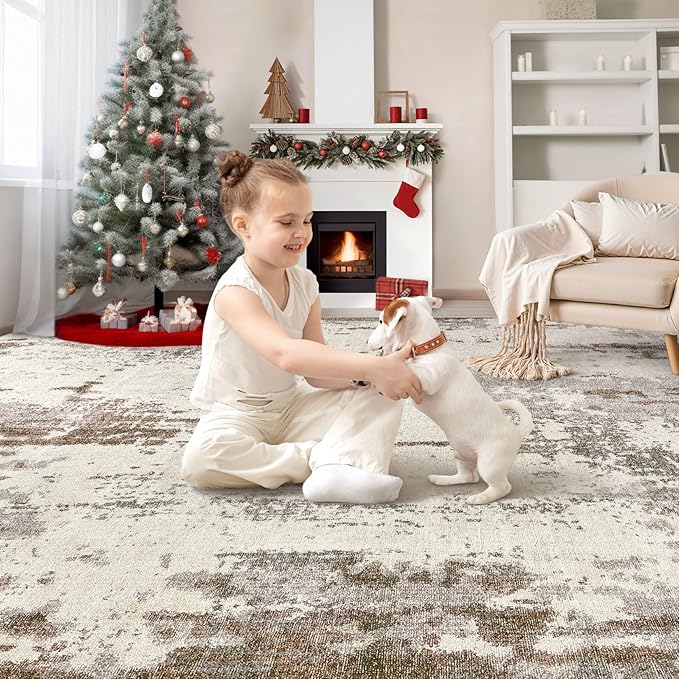 Area Rug Living Room Rugs-Washable Neutral Modern Abstract Soft Thin Large Rug Indoor Floor No Slip Rug Carpet for Bedroom Under Dining Table Home Office Decor-Brown/Grey/Beige-7'x 9'