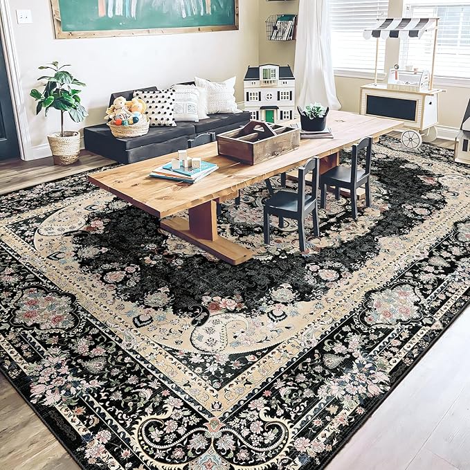 9x12 Area Rugs Washable,Black Rug for Living Room Bedroom Dining Room,Large Boho Vintage Bohemian Distressed Carpet Non Slip,Floral