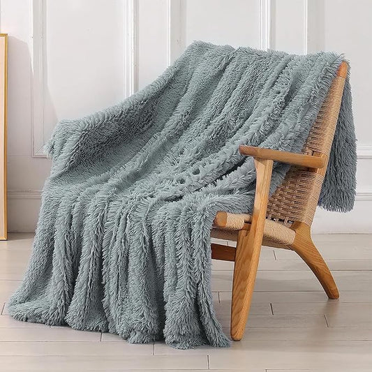 Tuddrom Decorative Extra Soft Faux Fur Blanket Queen Size 80"x90",Solid Reversible Fuzzy Fluffy Cozy Plush Fleece Comfy Microfiber Fur Blanket for Couch Sofa Bed,Gray Blue