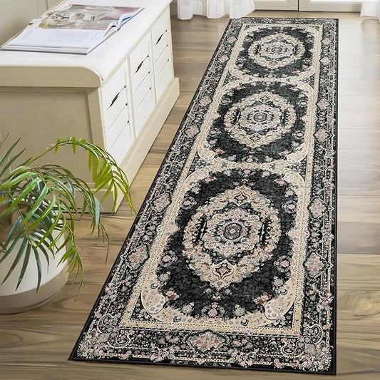 Washable Runner Rug 2x8,Black Rug Runners Non Slip,Long Boho Rugs for Hallways Kitchen Bedroom Entryway Living Room Bathroom,Vintage Bohemian Distressed Floor Carpet,Floral
