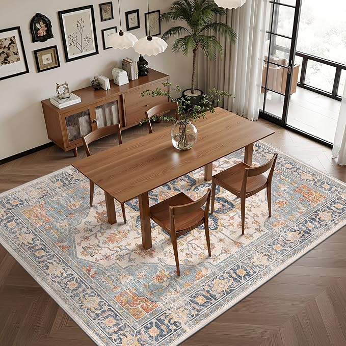 Rugland 8x10 Area Rugs - Stain Resistant Washable Rug, Anti Slip Backing Rugs for Living Room, Vintage Tribal Area Rugs (TPR11-Blue, 8'x10')