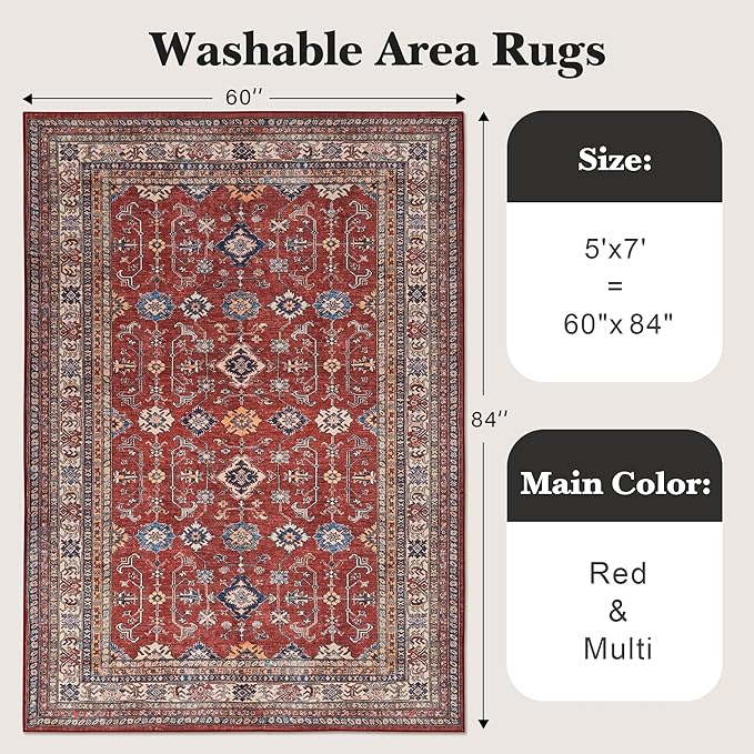 Rugland 5x7 Area Rugs - Stain Resistant Washable Rug, Anti Slip Backing Rugs for Living Room, Vintage Tribal Area Rugs(Burgundy, 5'x7')
