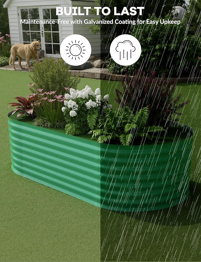 GarveeLife 6x3x2 ft Galvanized Raised Garden Bed - 24“ Tall Metal Planter Box for Vegetables, Flowers, Herbs, Rust-Resistant Outdoor Garden Box, Easy Assembly Raised Beds for Gardening, Green
