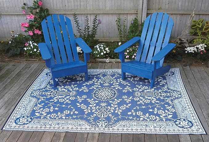 Mad Mats Traditional Outdoor Rug, Reversible Plastic Mat (5' x 8', Oriental Garland - Blue/White)