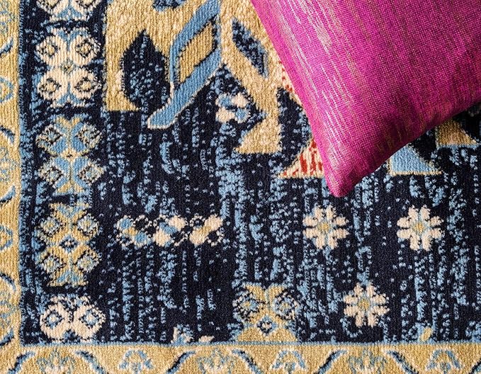 Unique Loom Taftan Collection Border Geometric Tribal Inspired Design Area Rug (8' 0 x 8' 0 Square, Navy Blue/ Gold)