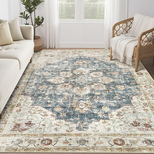 Area Rug for Living Room - 8x10 Soft Washable Oriental Vintage Floral Distressed Large Carpet - Fade Stain Resistant Non Slip Rugs for Bedroom Dining Room Nursery Dorm Office Home Decor - Blue Golden