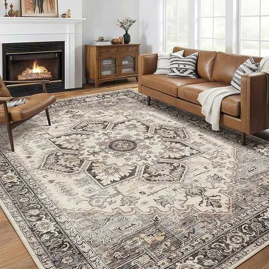 Area Rug for Living Room - 9x12 Soft Machine Washable Oriental Vintage Floral Distressed Large Indoor Floor Carpet for Bedroom Under Dining Table Home Office Decor - Grey Brown