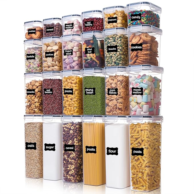 Airtight Food Storage Containers with Lids, Vtopmart 24 pcs Plastic Kitchen and Pantry Organization Canisters for Cereal, Dry Food, Flour and Sugar, BPA Free, Includes 24 Labels，Black