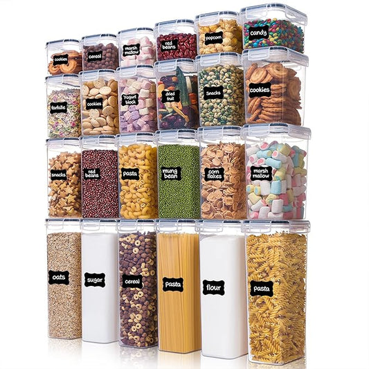 Airtight Food Storage Containers with Lids, Vtopmart 24 pcs Plastic Kitchen and Pantry Organization Canisters for Cereal, Dry Food, Flour and Sugar, BPA Free, Includes 24 Labels，Black