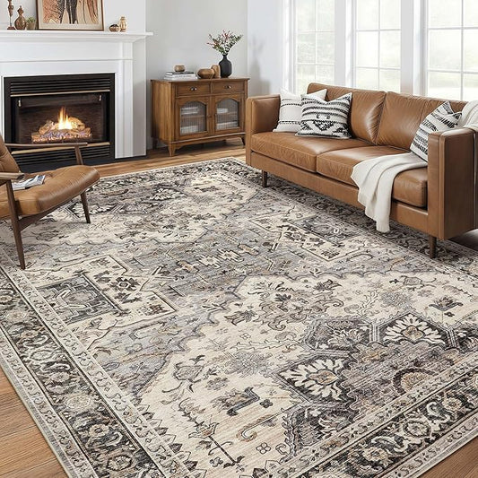 Area Rug for Living Room - 10x12 Soft Washable Oriental Vintage Floral Distressed Large Carpet - Fade Stain Resistant Non Slip Rugs for Bedroom Dining Room Nursery Dorm Office Home Decor - Brown