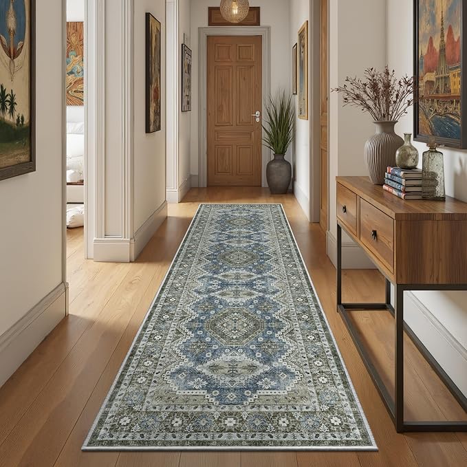 Rugland 2'6x8' Runner - Stain Resistant Entryway Rug, Anti Slip Backing Hallway Runner Rug, Vintage Tribal Area Rugs (TPR07-Green, 2'6x8')