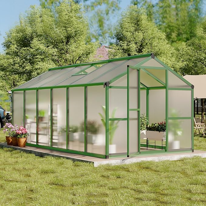 Greenhouse, 8x12 Ft Outdoor Greenhouses, Accessible Green House with Roof Vents and Sliding Doors, Aluminum Frame Polycarbonate Greenhouses, Large Greenhouse for Outdoor Gardens and Backyards, Green