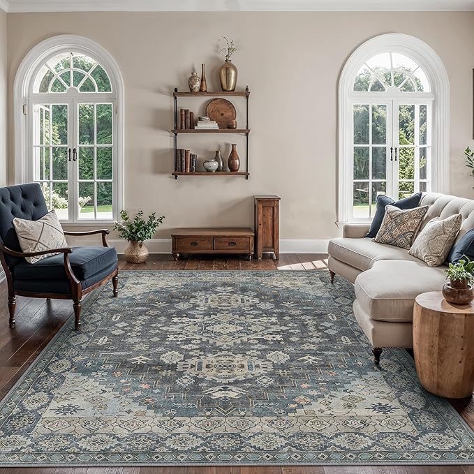 GENIMO Machine Washable 8x10 Area Rugs for Living Room, Non Slip Vintage Rugs, Low Pile Lightweight Chenille Print Rug for Bedroom, Dining Room, Home Office, Slate Gray Blue