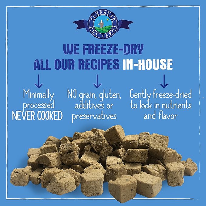 Shepherd Boy Farms Freeze Dried Raw Dog Food, Fish Medley Recipe, All Natural, No Synthetics, Made in USA with Goat's Milk & Organic Produce, High Protein, Complete Meal (14oz)