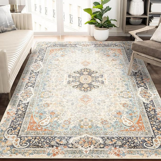 5x7 Area Rugs Washable,Vintage Rug for Living Room Bedroom Kitchen,Large Boho Bohemian Distressed Carpet Non Slip,Retro Blue Grey Floral