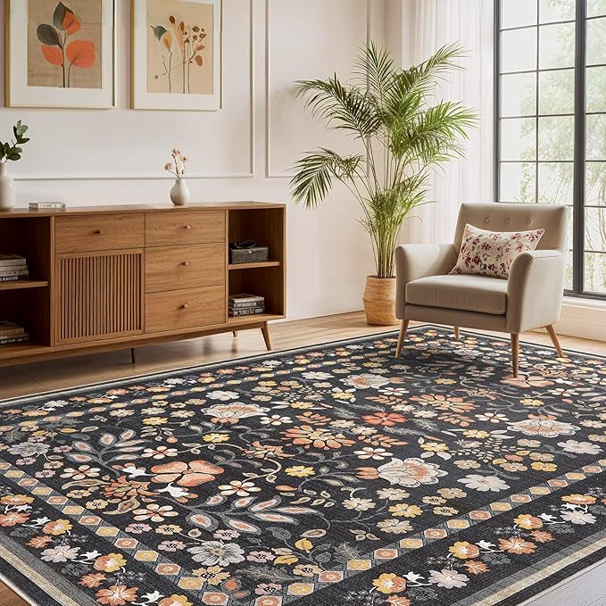 5x8 Area Rug Living Room Rugs - Washable Boho Vintage Floral Large Soft Non Slip Thin Rug Low Pile Carpet for Bedroom Dining Room Kids Playroom Office Decor Indoor- Black Grey
