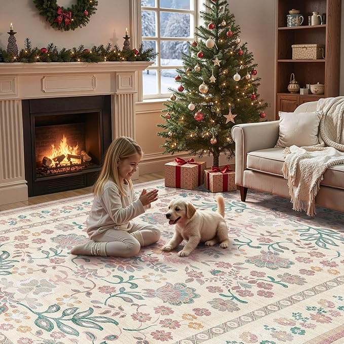 8x10 Area Rug Living Room Rugs - Washable Boho Vintage Floral Large Soft Non Slip Thin Rug Low Pile Carpet for Bedroom Dining Room Kids Playroom Office Decor Indoor- Pink