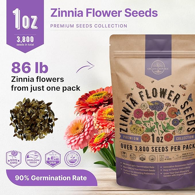 Zinnia Seeds Pack 1 oz - Over 3,800 Non-GMO Heirloom Zinnia Seeds for Planting, Annual Flowers in Individual Seed Packet, Flower Seed for Planting Home Garden Indoor & Outdoor Gardening
