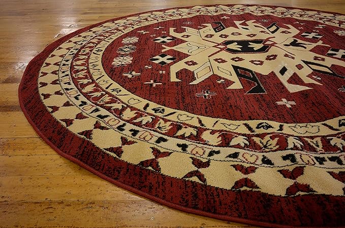 Unique Loom Taftan Collection Border Geometric Tribal Inspired Design Area Rug (8' 0 x 8' 0 Round, Red/ Gold)