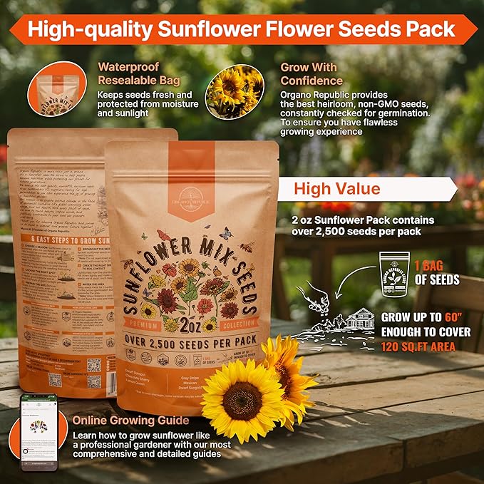 Sunflower Mix Seeds Pack 2 oz - Over 2,500 Non-GMO Heirloom Sunflower Seeds for Planting, Annual Flowers in Individual Seed Packet for Planting Home Garden Indoor & Outdoor Gardening