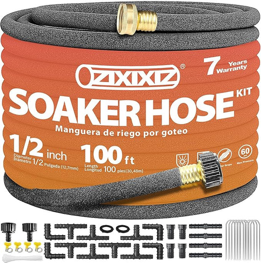 100FT Heavy-Duty 1/2 Inch Soaker Hose with 3/4 Inch Solid Brass Connector - Leakproof Garden Watering System for Gardens, Lawns, Flower & Vegetable Beds