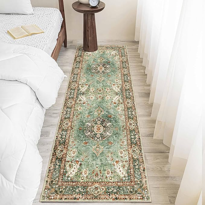 Washable Runner Rug 2x6,Green Rug Runners Non Slip,Long Boho Rugs for Hallways Kitchen Bedroom Entryway Living Room Bathroom,Vintage Bohemian Distressed Oriental Floor Carpet
