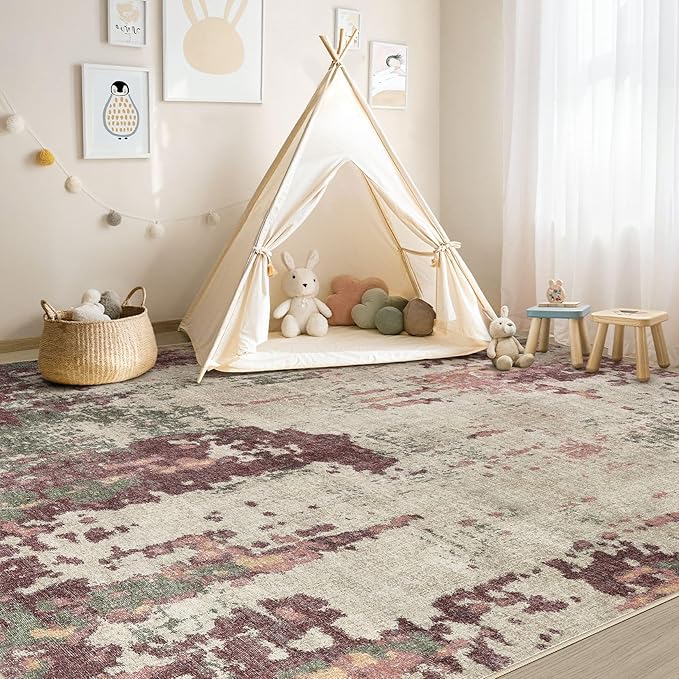 5x7 Area Rug Living Room Rugs - Washable Neutral Modern Abstract Soft Thin Rug Indoor Floor No Slip Rug Carpet for Bedroom Under Dining Table Home Office Decor - Purple/Green/Beige