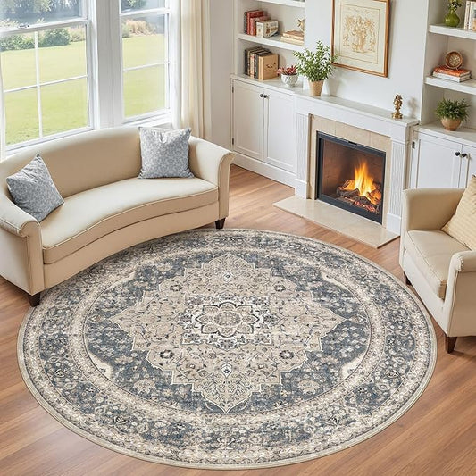 Washable 8 Ft Round Area Rug - Vintage Floral Stain & Fade Resistant Non-Slip Backing Carpet for Living Room, Bedroom, Dining Room, Home Office Floor Decor Large Carpets(Blue/Beige)