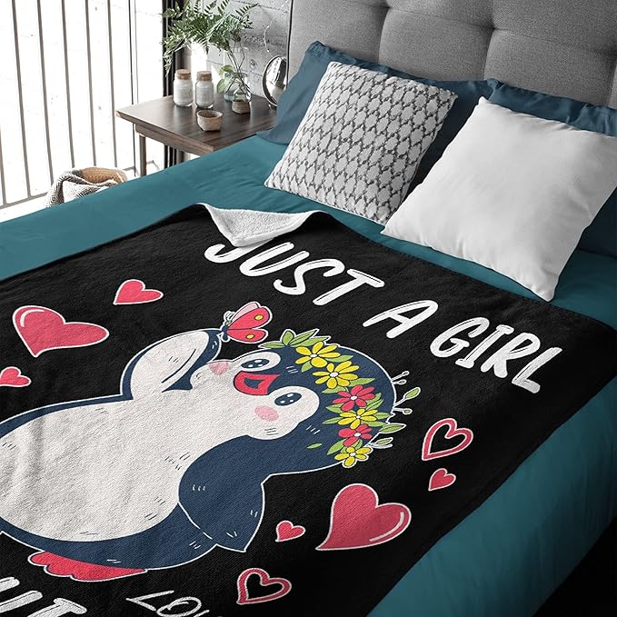 Cartoon Penguin Blanket Just Girl Loves Penguins with Hearts Soft Blankets and Throws Flannel Cozy Lightweight Quilt Gift Perfect for Bed Sofa Couch-50 x40 Small for Kids