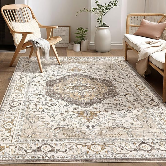 Area Rug for Living Room - 5x7 Soft Washable Oriental Vintage Floral Distressed Large Carpet - Fade Stain Resistant Non Slip Rugs for Bedroom Dining Room Nursery Dorm Office Home Decor-Camel/Beige