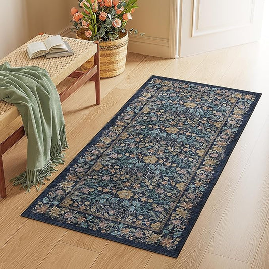 DUKINO 2x4 Rug for Entryway, Lightweight Washable Runner Rug with Non Slip Backing, Vintage Floral Low Pile Small Carpet Runner for Kitchen, Hallway, Entryway, Bathroom, Bedroom, Dark Blue