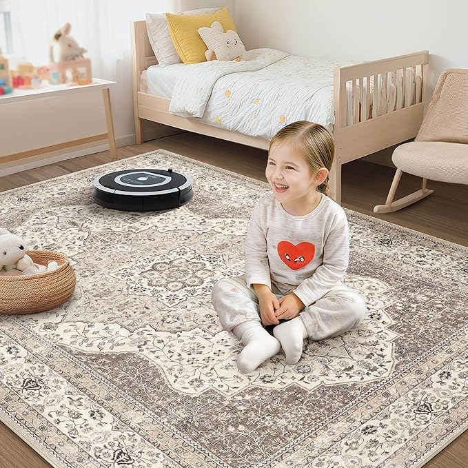 Washable Rug 10x14 Area Rugs for Living Room Bedroom Dining Room Home Office Floor Decor-Stain & Fade Resistant Non Slip Backing Carpet,Ultra-Thin Vintage Large Carpets(Brown/Beige,10'x14')