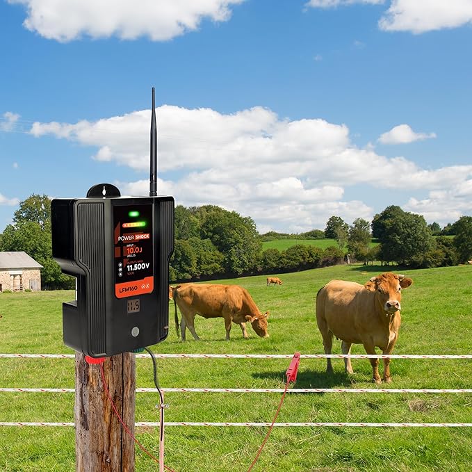 Electric Fence Charger AC DC Powered 65 Miles 200 Acres, 110 Volt 2 Joule Plug-in Electric Fence Energizer, Output Voltage Max 12 kV for Livestock, Preventing Predators from Intruding