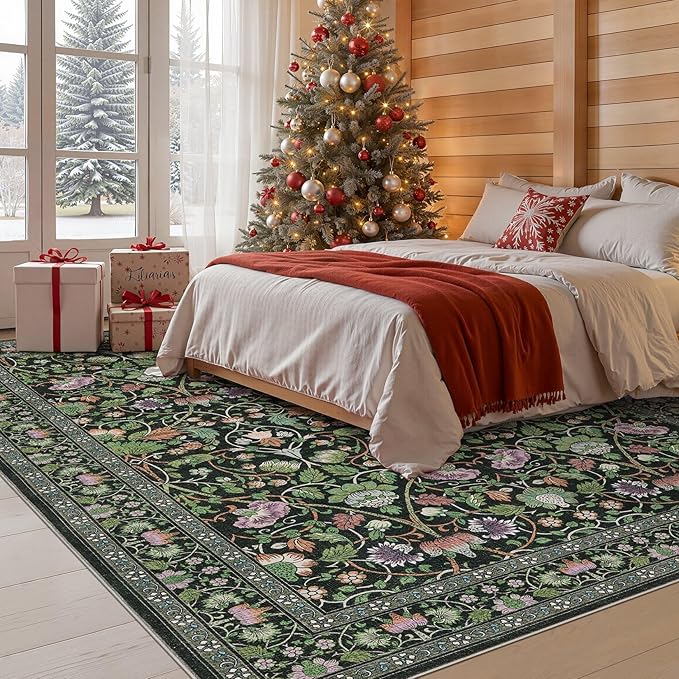 8x10 Area Rug Living Room Rugs - Washable Boho Vintage Floral Large Soft Non Slip Thin Rug Low Pile Carpet for Bedroom Dining Room Kids Playroom Office Decor Indoor- Green Dark