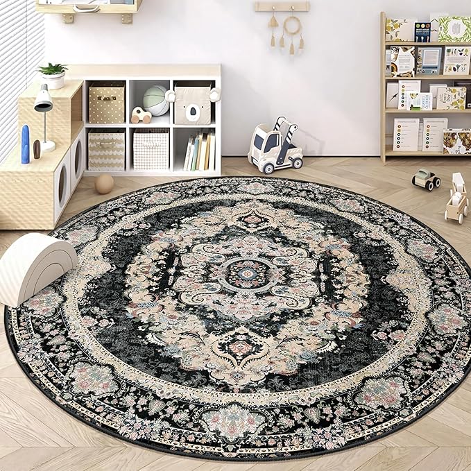 Black Round Rug 9ft,Large Circle Area Rugs for Bedroom Living Room Dining Room,Washable Boho Vintage Bohemian Distressed Oriental Carpet Non Slip,Floral